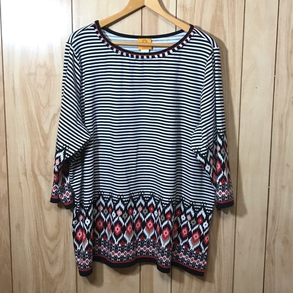 Ruby Rd Striped Aztec Border Tunic Top Knit Scoop Neck 3/4 Sleeve Boho Cotton 2X